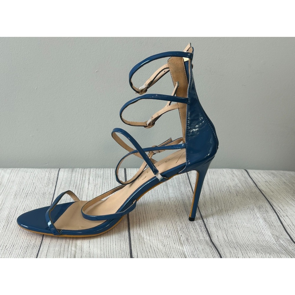 Lonia Heels Womens 14 Blue Patent Strappy Stiletto Ankle Strap Dancer Performer